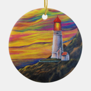 Adorno De Cerámica Faro al atardecer con velero acuático náutico