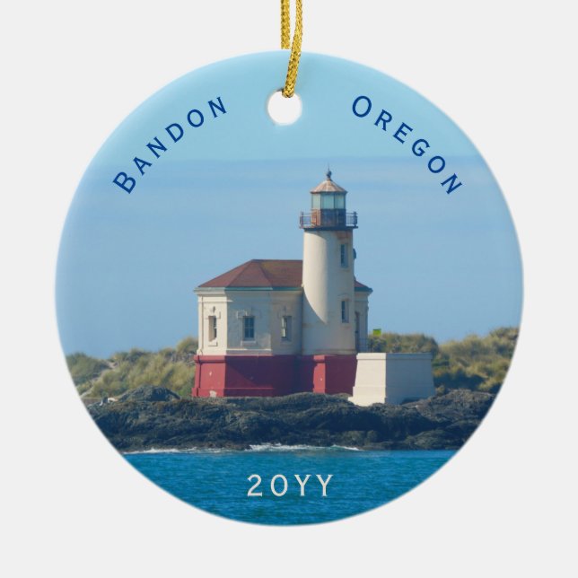 Adorno De Cerámica Faro Bandon Navidades con fecha de Oregon (Frente)
