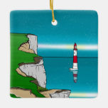 Adorno De Cerámica Faro Beach Head y Cliff Top<br><div class="desc">Este ilustracion es una colorida imagen de Beach Head y del faro solo en el Canal de la Mancha.</div>