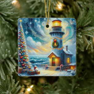 Adorno De Cerámica Faro de árbol de navidad azul costero náutico