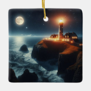 Adorno De Cerámica Faro náutico/costero de noche con luna
