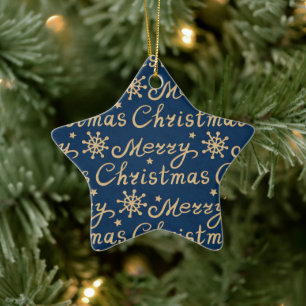 Adorno De Cerámica Faux Gold & Blue Merry Christmas Letters