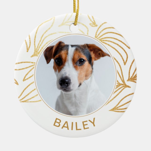 Adorno De Cerámica Faux Gold Botanical Dog Photo and Name Navidades (Frente)