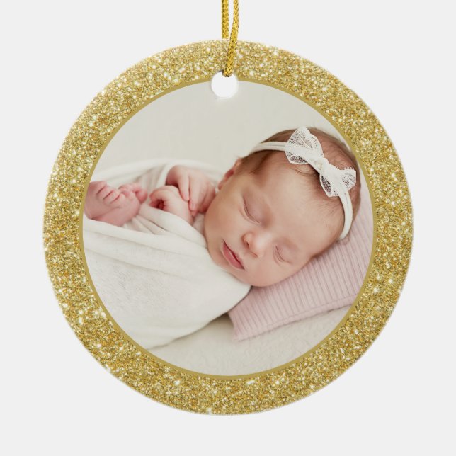Adorno De Cerámica Faux Gold Purpurina Baby's First Christmas Photo (Frente)