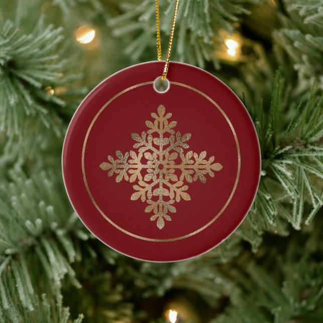 Adorno De Cerámica Faux Golden Relieve metalizado Snowflake On Red (R (Árbol)