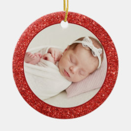 Adorno De Cerámica Faux Red Purpurina Baby First Christmas Photo