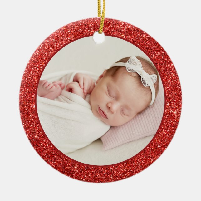 Adorno De Cerámica Faux Red Purpurina Baby First Christmas Photo (Frente)