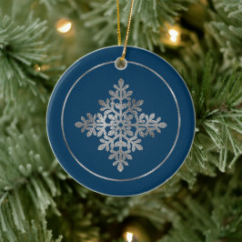 Adorno De Cerámica Faux Relieve metalizado plateado Snowflake On Blue