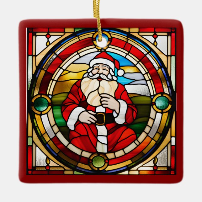 Adorno De Cerámica Faux Stained Glass Sitting Santa (Anverso)