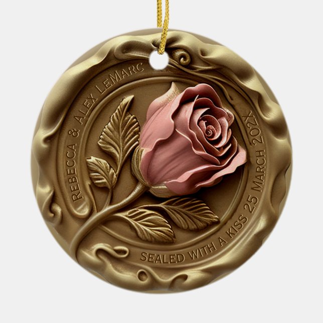 Adorno De Cerámica Faux Wax Stamp Gold Pink Rose Flower Anniversary (Frente)
