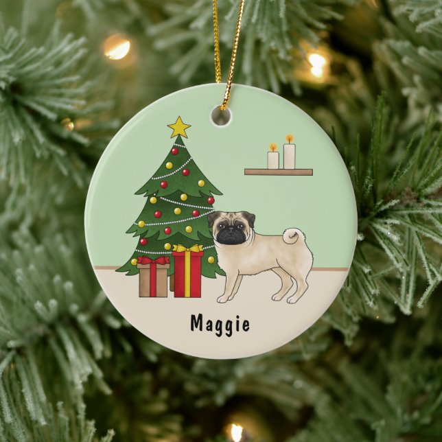 Adorno De Cerámica Fawn Pug Cute Cartog Perro Con Un Árbol De Navidad (Árbol)
