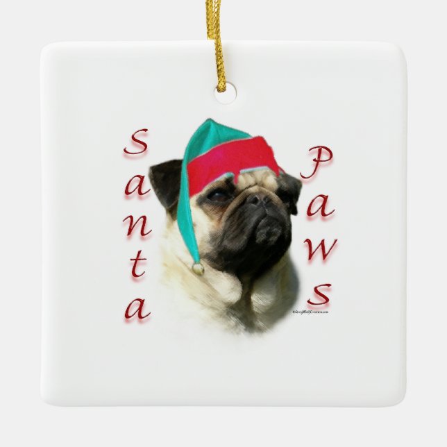 Adorno De Cerámica Fawn Pug Santa Paws (Anverso)