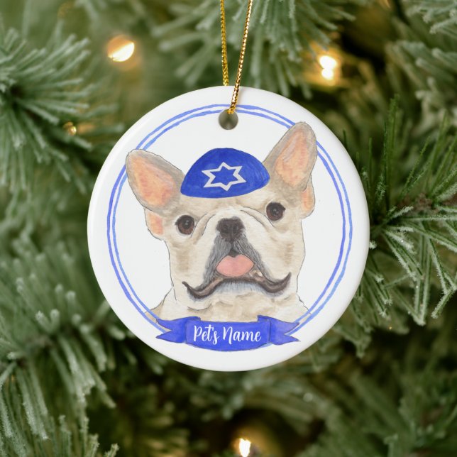 Adorno De Cerámica Fawn Tan Frenchie Dog Hanukkah (Árbol)