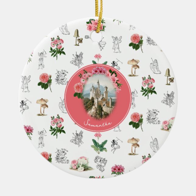 Adorno De Cerámica Fe Hadas Castillo de Honor Floral Rosa Monograma (Frente)