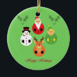 Adorno De Cerámica ¡Felices Fiestas!<br><div class="desc">Aquí hay un diseño de Navidades adorables con renos,  Santa Cláusula,  un elfo y un muñeco de nieve. Está disponible en múltiples productos incluyendo camisetas,  pegatinas,  ornamentos,  medias,  tazas y más! Se puede personalizar o personalizar agregando tu propio texto o imágenes!</div>