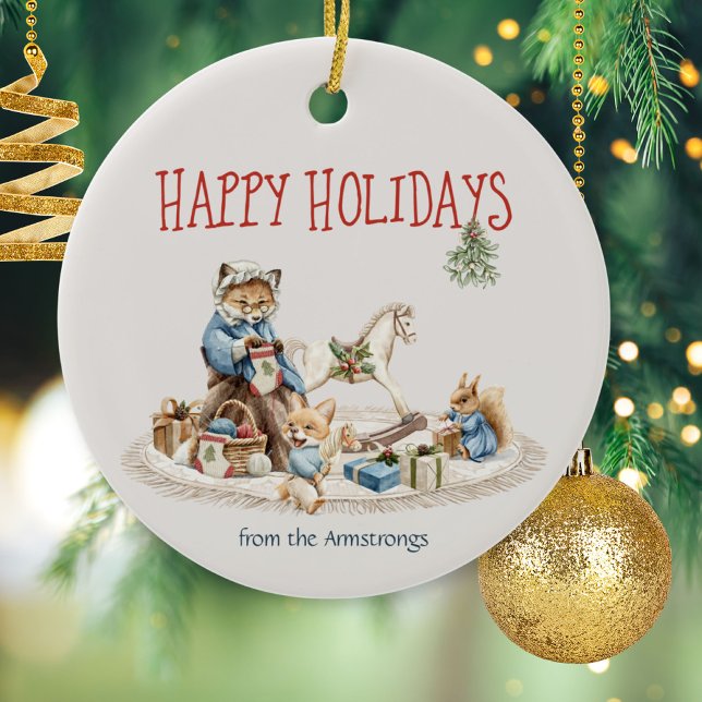 Adorno De Cerámica Felices Fiestas Abuelitas Niños Acuarela Animales (Happy Holidays Granny Children Watercolor Animals Ceramic Ornament ©Susanne Sachers - Sunny Mind 🌞)