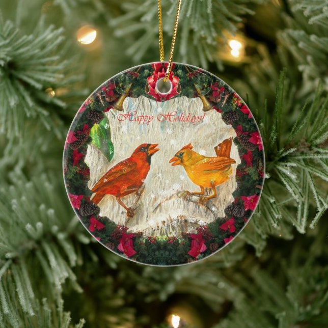 Adorno De Cerámica Felices Fiestas Aves Cardenales (Árbol)
