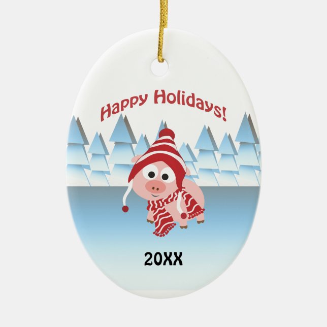 Adorno De Cerámica ¡Felices Fiestas! Cerdo de invierno (Frente)