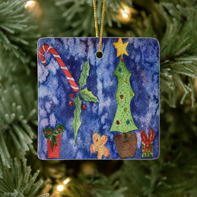 Adorno De Cerámica Felices Fiestas Clásicos Navidades Iconos Acuarela (Árbol)
