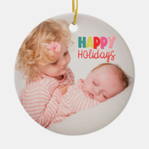 Adorno De Cerámica Felices Fiestas con saludo de Navidad con foto