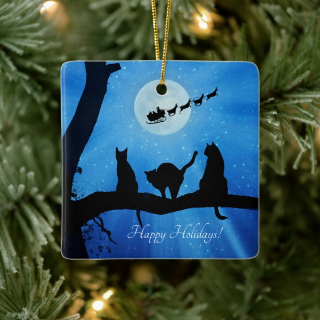Adorno De Cerámica Felices fiestas cutan gato y Santa (Árbol)