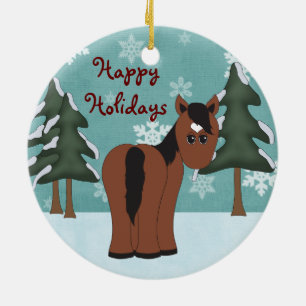 Adorno De Cerámica Felices Fiestas de Caballos Marrones Personalizado