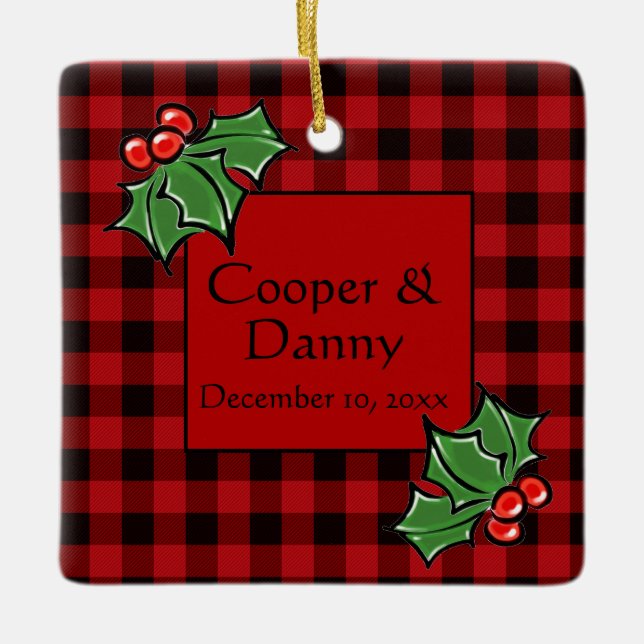 Adorno De Cerámica Felices fiestas Holly Sprigs, vegetación Navidad (Anverso)