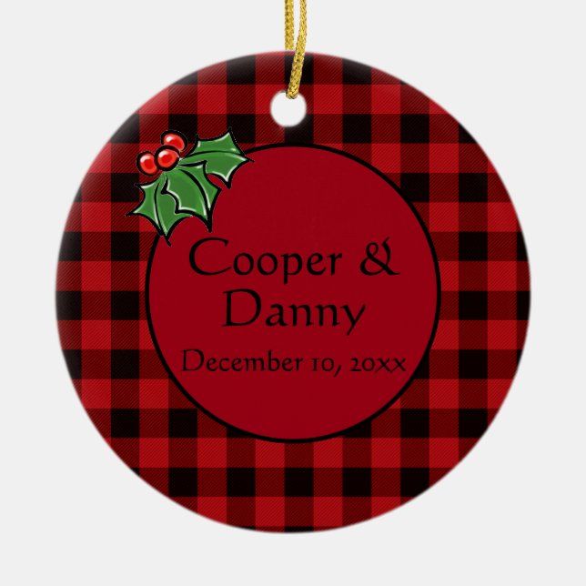 Adorno De Cerámica Felices fiestas Holly Sprigs, vegetación Navidad (Frente)