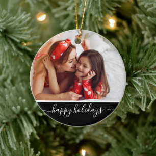 Adorno De Cerámica Felices Fiestas Monograma Negro Moderno de Foto