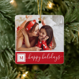 Adorno De Cerámica Felices Fiestas Monograma Rojo Moderno Foto Person