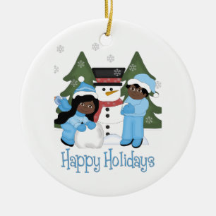 Adorno De Cerámica Felices fiestas, niños afroamericanos con hombres