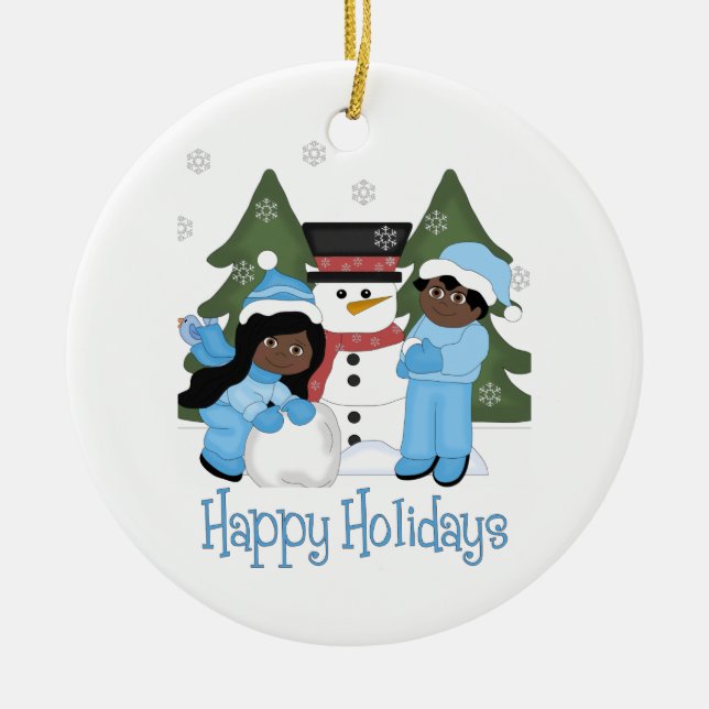 Adorno De Cerámica Felices fiestas niños afroamericanos con hombres d (Frente)