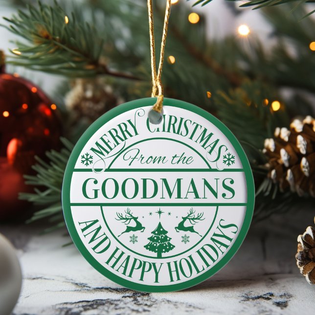 Adorno De Cerámica Felices fiestas Personalizados Navidades Familia K (Happy Holidays Custom Christmas Family Keepsake Ceramic Ornament. Just add your family name!)