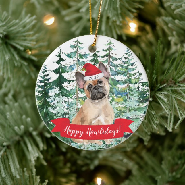 Adorno De Cerámica Felices Howlidays Bulldog francés Perro Navidades  (Árbol)