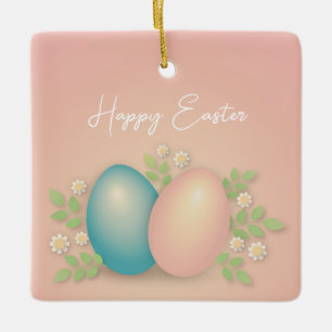 Adorno De Cerámica Felices huevos de Pascua y flores de primavera