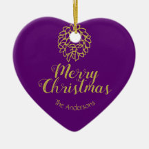 Felices Navidad púrpuras en forma de corazón del