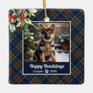 Adorno De Cerámica Felices Navidades de Dog Blue Plaid de Howlidays