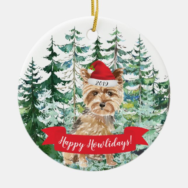 Adorno De Cerámica Felices Navidades de Perro Terrier de Yorkshire (Frente)