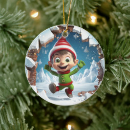 Adorno De Cerámica Felices Navidades Elf disfrutando el invierno.