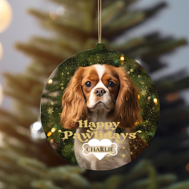 Adorno De Cerámica Felices Pawlidays Perro Mascota de cachorros Fotog (Happy Pawlidays Dog Puppy Pet Heart Bone Photo Ceramic Ornament)