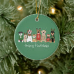 Adorno De Cerámica Felices Pawlidays Perros Red Green<br><div class="desc">Ilustracion lindo de perros vestidos con atuendo de Navidad.</div>