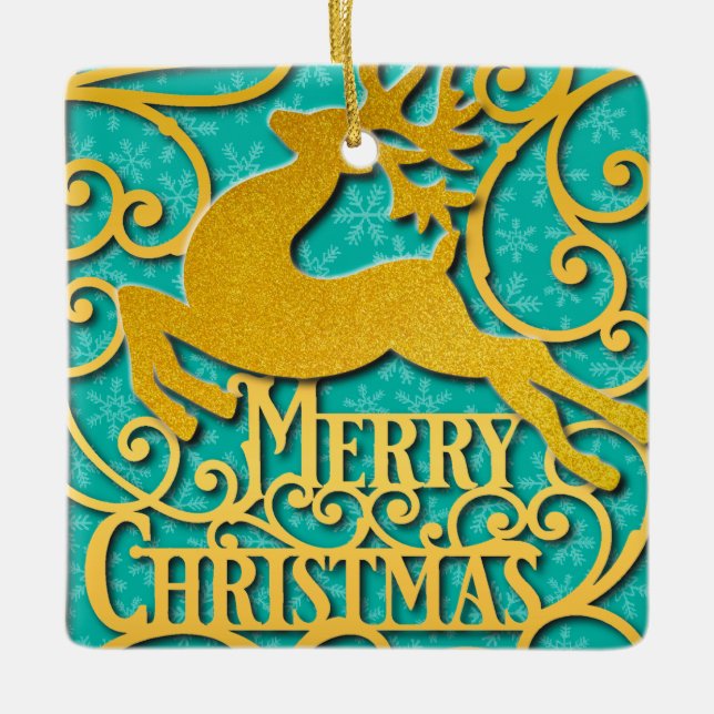 Adorno De Cerámica Felices siluetas de renos navideños copo de nieve (Anverso)