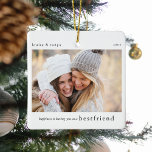 Adorno De Cerámica Felicidad. Bestfriend Gift Photo Keepsake<br><div class="desc">Déjenlos saber cuánta felicidad trae a su vida con esta adorable ornamanet navidad de fotos de keepsake. El texto dice - La felicidad es tenerte como un BESTFRIEND, nombre/s y año. Simplemente suba tu foto favorita de ti y tu mejor para convertirla en el regalo perfecto esta temporada de vacaciones....</div>