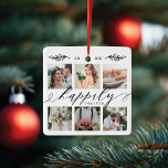 Adorno De Cerámica Felicidad por el Collage de fotos Boda de los reci<br><div class="desc">El ornamento especial personalizado de collage de fotos de bodas recién casados muestra sus propias fotos y recuerdos de bodas especiales. Nuestro diseño cuenta con un sencillo diseño de cuadrícula de 6 fotos con "Feliz eterno después" diseñado en un hermoso emparejamiento de texto de escritura negra manuscrita. Personalizar con su...</div>