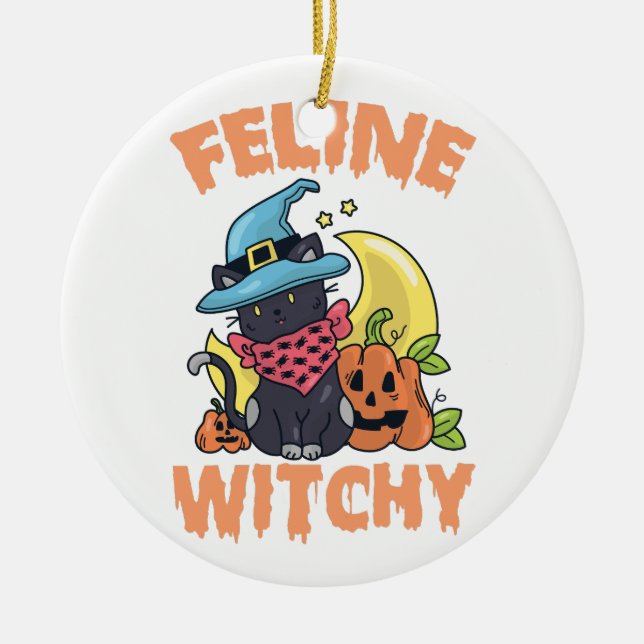 Adorno De Cerámica Feline Witchy Funny Spooky Halloween Cat Kitten (Frente)
