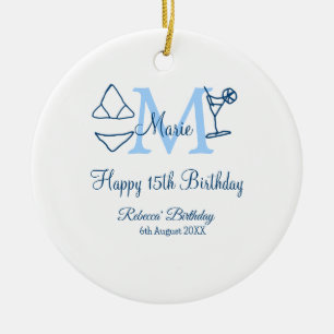 Adorno De Cerámica Feliz 15 cumpleaños azul añadir nombre monograma b