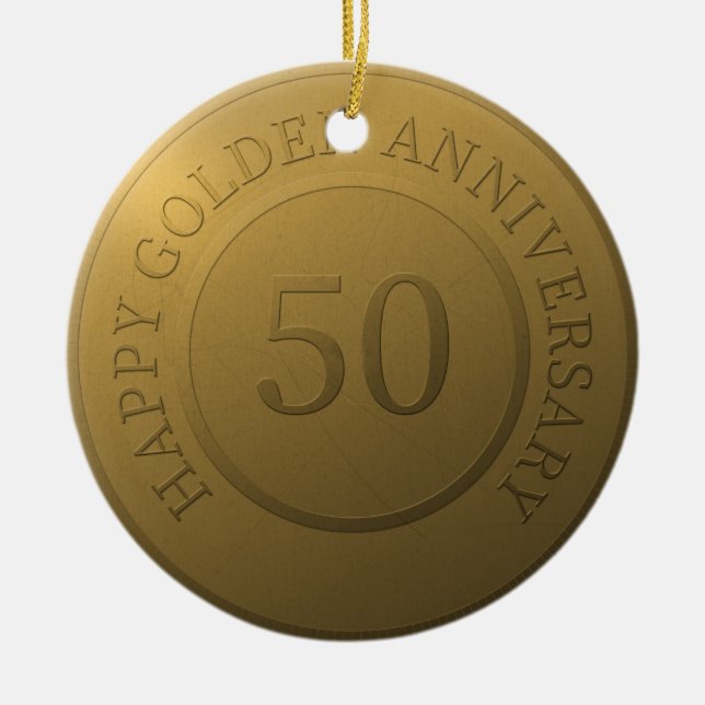 Adorno De Cerámica Feliz aniversario de boda dorado (Frente)