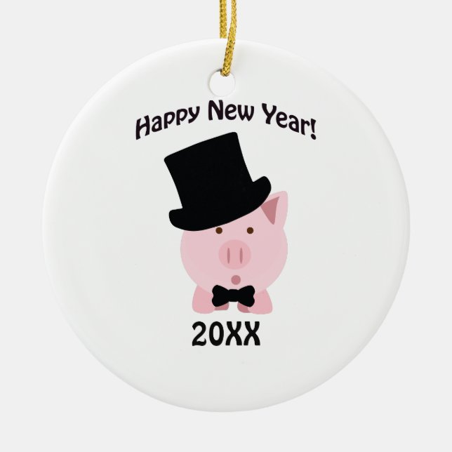 Adorno De Cerámica ¡Feliz Año Nuevo! Cerdo Dapper (Frente)