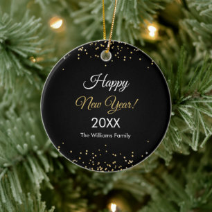 Adorno De Cerámica Feliz Año Nuevo Glitter Dorado Negro