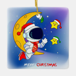 Adorno De Cerámica Feliz Astronauta navideño y la luna